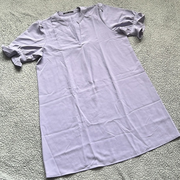 Famulily V Neck Puff Sleeve Solid Loose Fit Casual Summer Flowy Shirt Dress - Picture 5 of 11